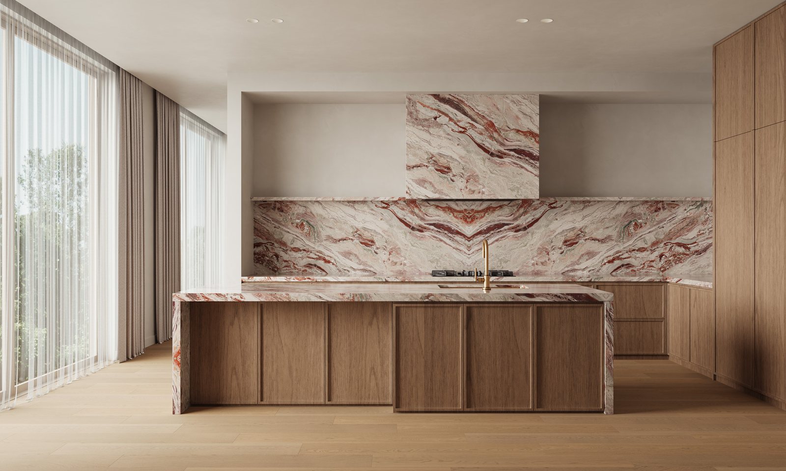 Red and cream marble-look splashback, rangehood and island